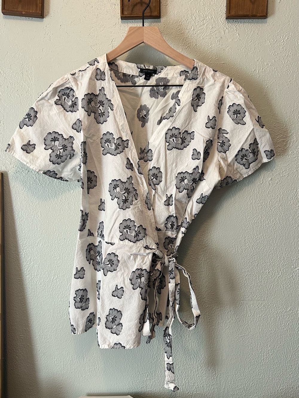 Ann Taylor White Wrap Blouse with Black Floral Print